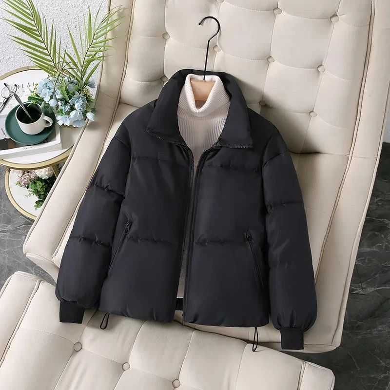 Bread Cotton Jacket Women Winter Padded Thickened Warm Windproof Coat Long-Sleeved Zipper Stand Collar Fashion Outwear