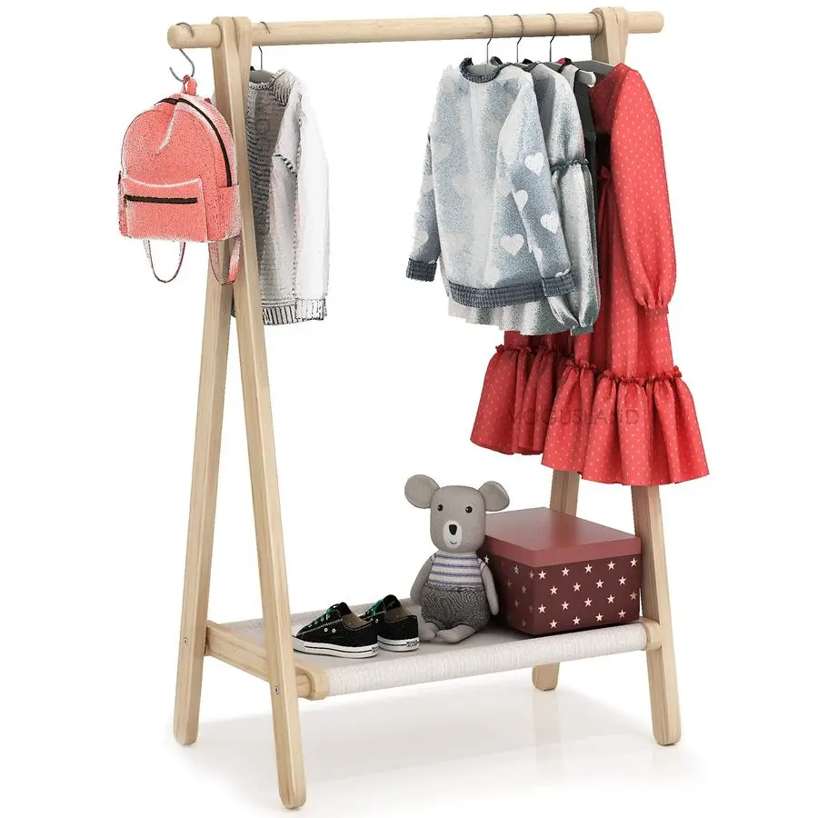 

up Rack, Child Garment Rack, Kids Clothing Rack with Storage Shelf Natural Beech, 29.5 L x 14.5 W x 40 H