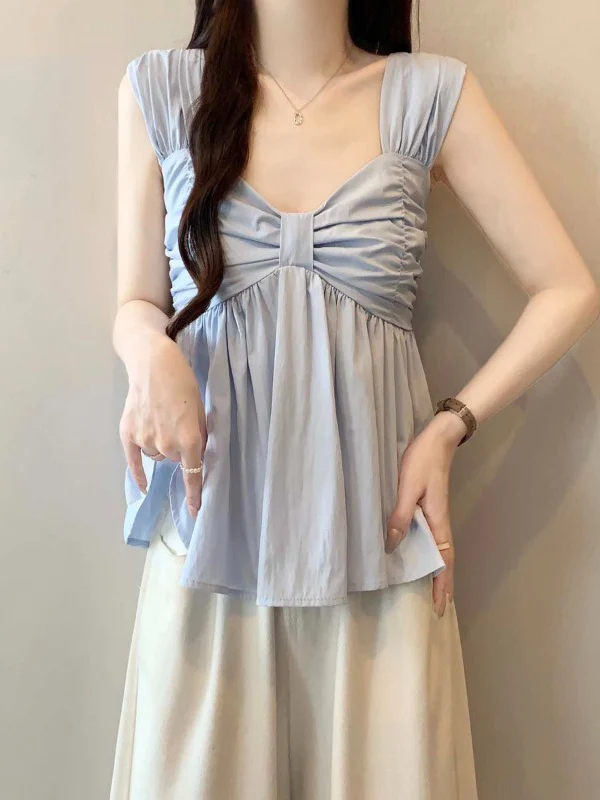 Gilet à bretelles à nœud bleu clair pour femmes, grande taille, gros MM, capable de l'âge, Svel, haut moelleux, vêtements d'extérieur, été