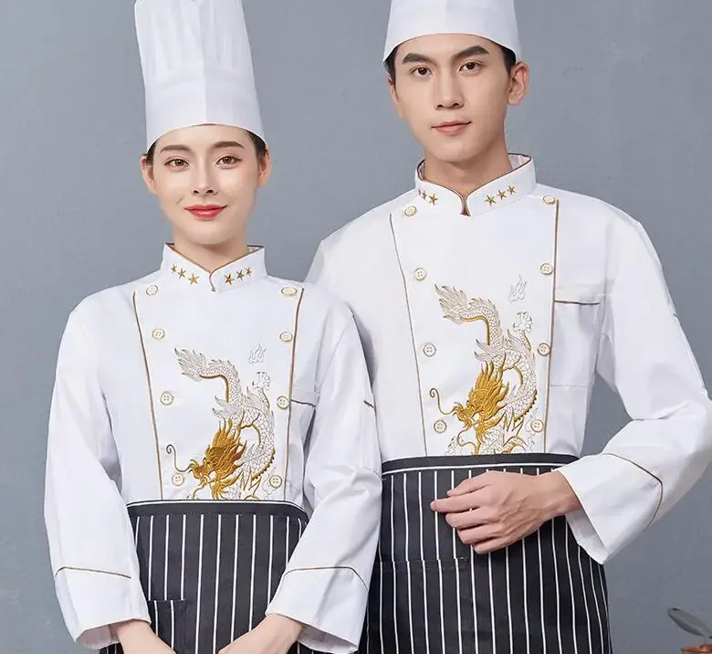 봄 요리사 유니폼 요리사 재킷 긴 소매 중국 용 레스토랑 자수 남자 화이트