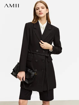 AMII Giacca minimalista da donna 2024 Autunno lungo semplice Nozioni di base Giacca da pendolare con blazer slim fit in corda in vita 12343036