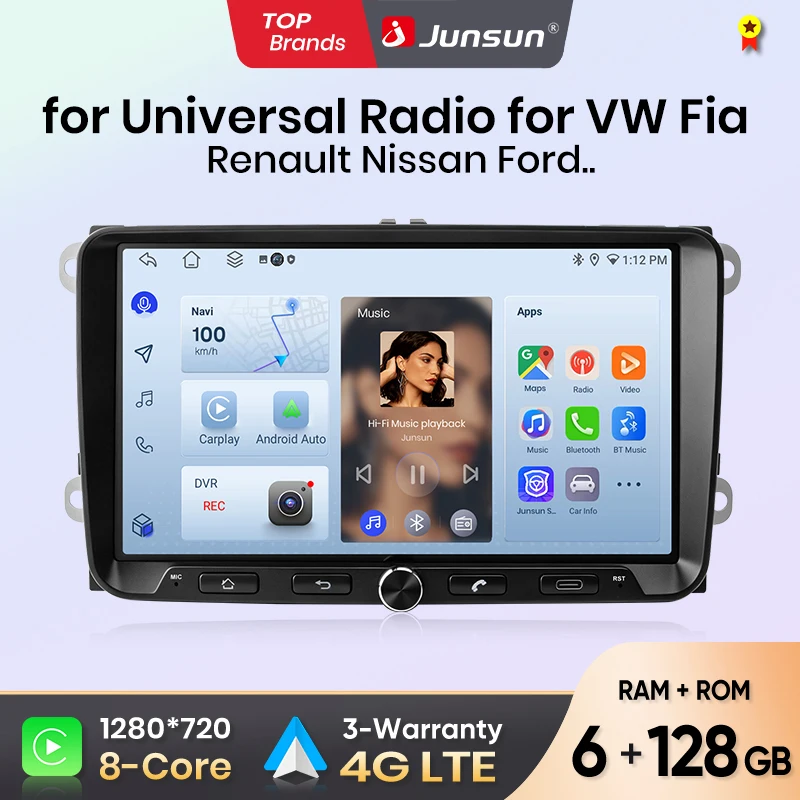 Autoradio universel Junsun 9 pouces pour VW Volkswagen Passat B6 B7 T5 Tiguan Touran Golf Polo Carplay Android Auto FM RDS DSP BT GPS Navi SWC Écran tactile HD IPS Plug & Play Lecteur multimédia Appel mains libres Style d'origine de la voiture