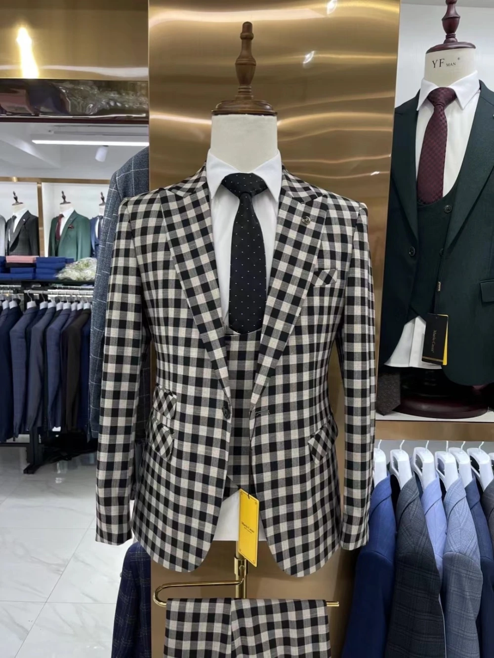 Clássico xadrez conjunto de terno de negócios para homens ternos masculinos de alta qualidade 3 peças blazer colete calças casamento melhor homem smoking personalizado