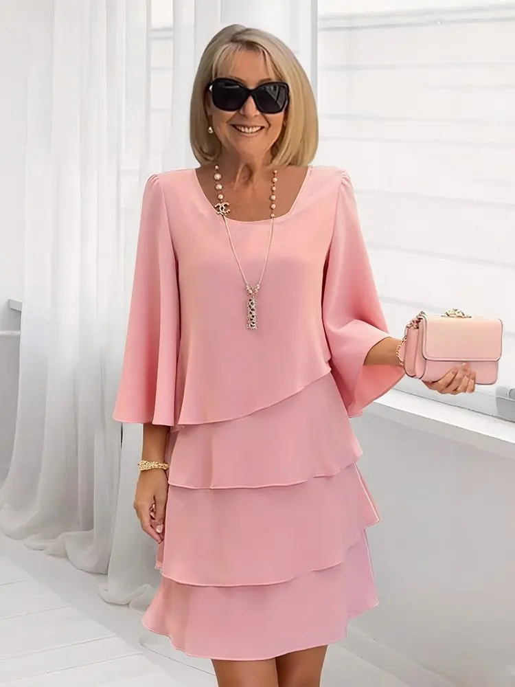Damesmode taartrok 3/4 klokmouwen ronde hals gelaagde gelaagde zwierige jurk feestbruiloftoutfits