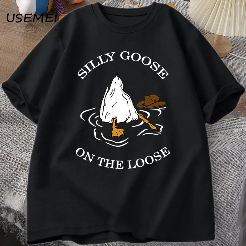 Silly Goose on The Loose T-shirt Cotton Short Sleeve Funny Animal Printed Tshirt Streetwear Tee Shirt Men's Oversized T Shirt