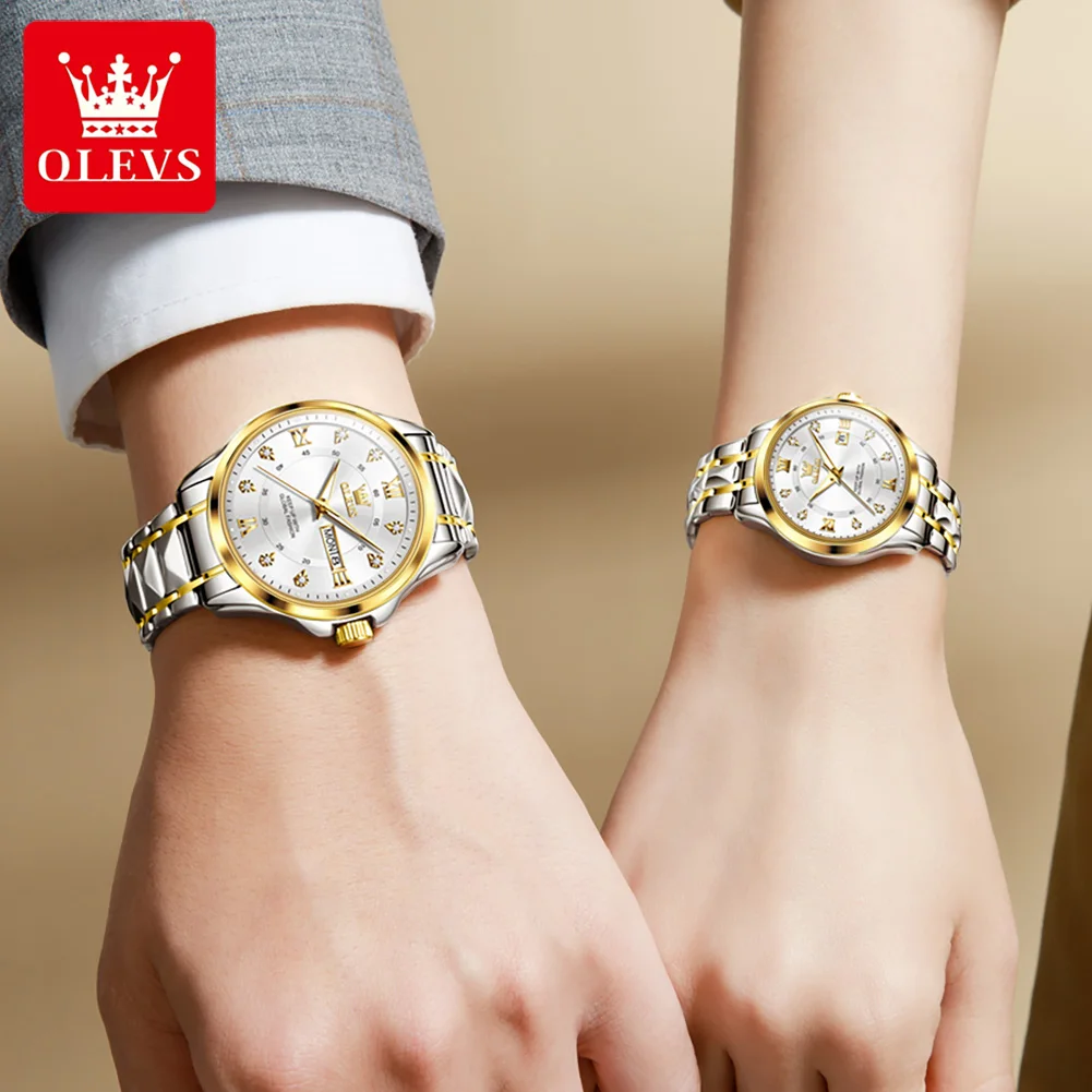 OLEVS 2906 Couples Watches Luxury Waterproof Man and Women Calendar Stainless Steel Quartz Wrist Watch Couple Fashion Watch Set