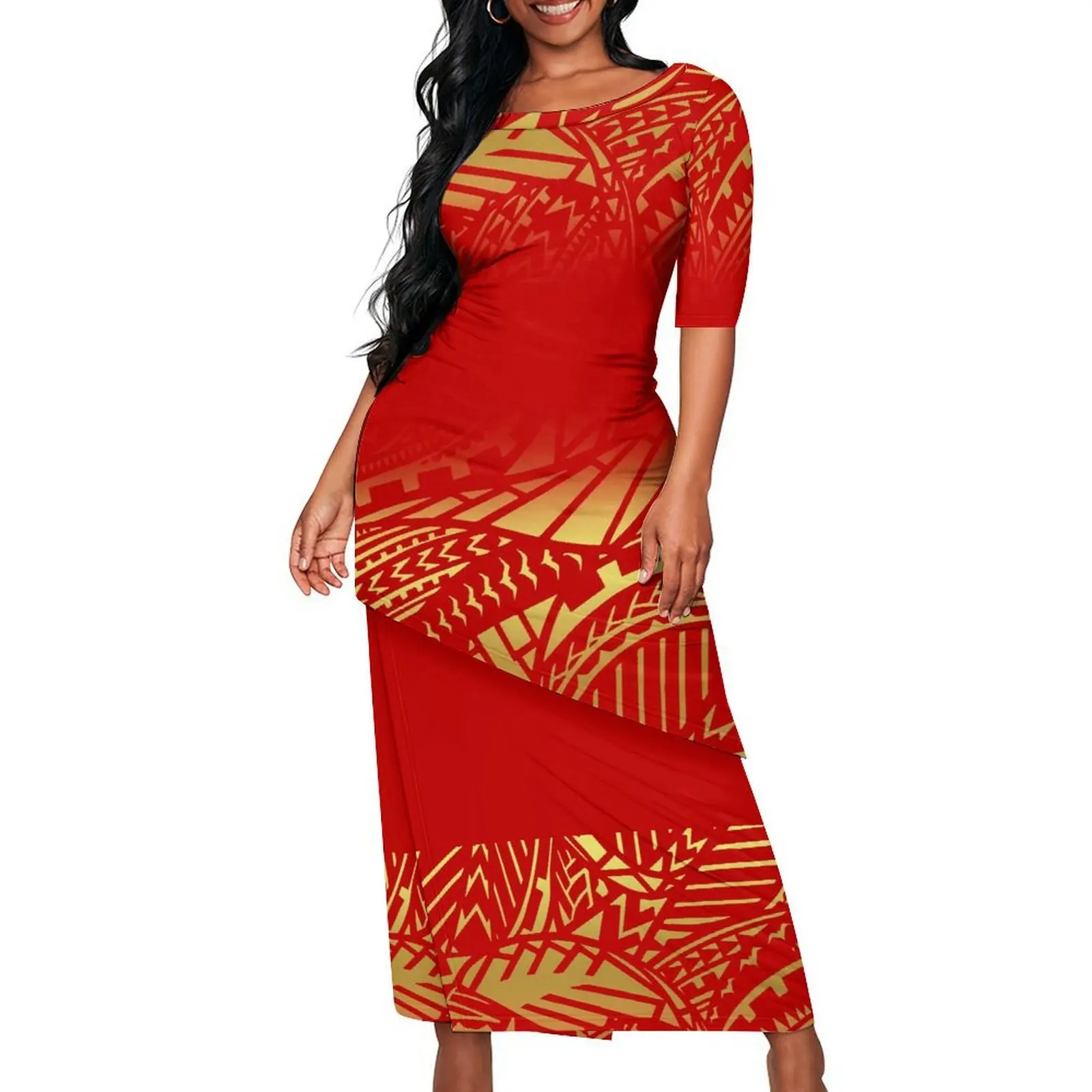 Vestido de noite apertado de alta qualidade para mulheres polinesias – Saia personalizada Puletasi com bainha inclinada e design de camada dupla