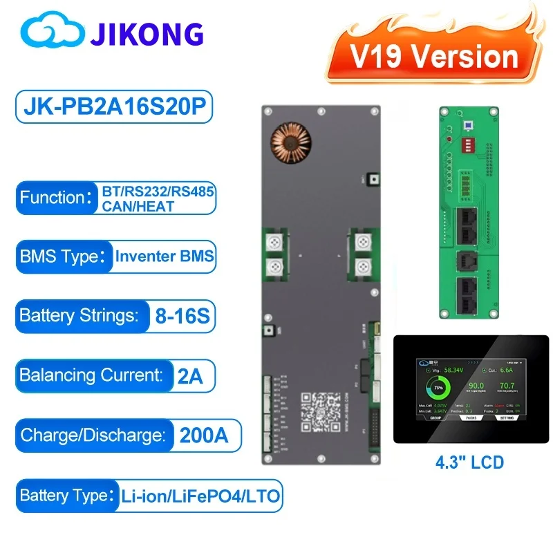 JK BMS V19 Bms 16s 24v 48v Lifepo4 200A JK Home Energy Storage BMS Active Balance 1-2A LiFePo4 Battery LCD-4.3-TTL-P V19 Version