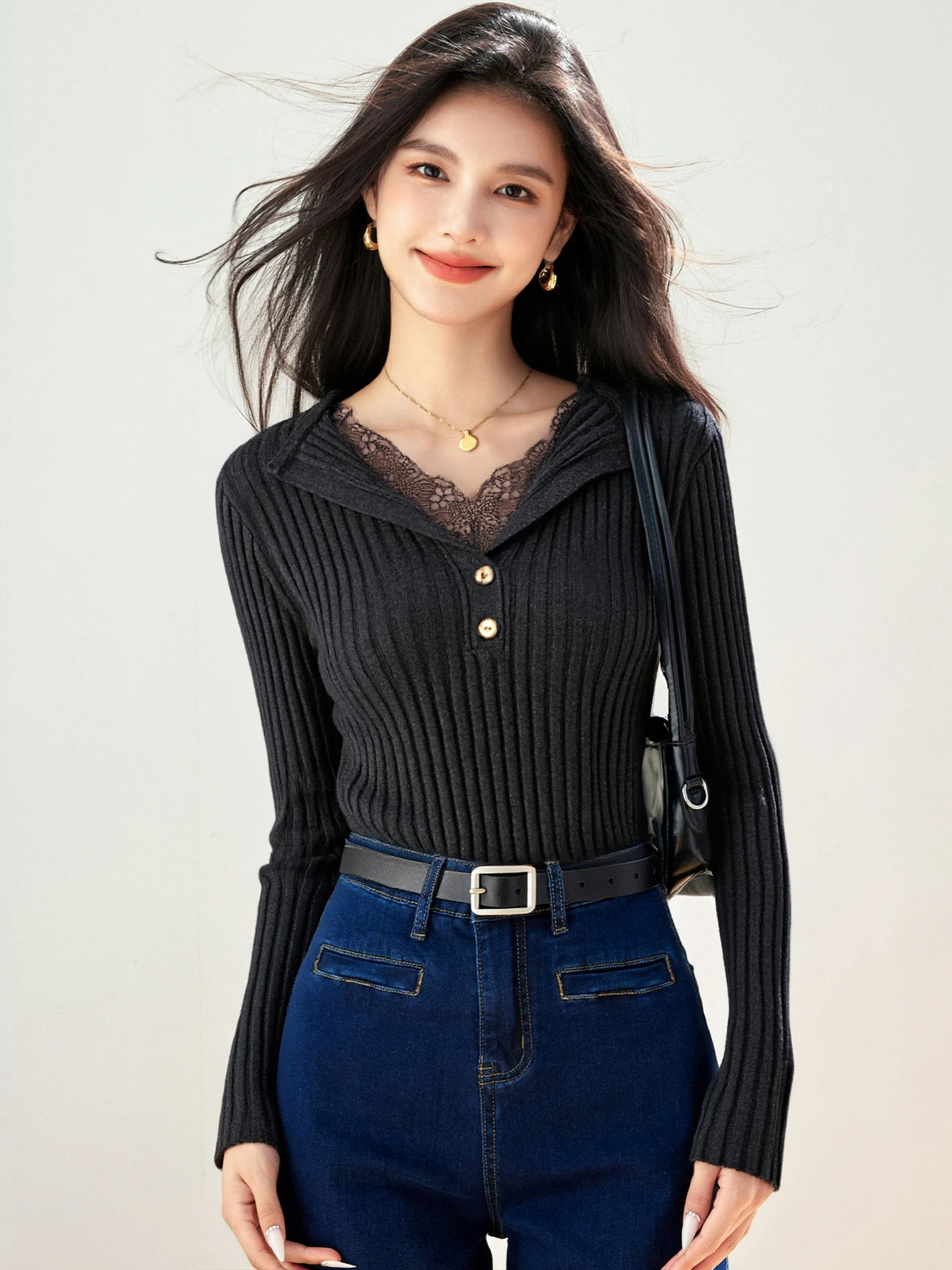 سترة محبوكة مرقعة من الدانتيل للنساء للخريف والشتاء بتصميم زر تحسس وطبقة قاعدة على شكل حرف V #1