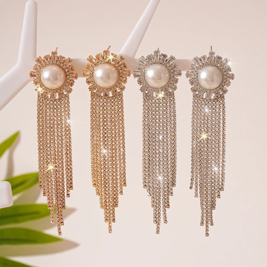 Elegant round imitation pearl zircon fringed silver needle earrings super flash light luxury niche temperament high-end women