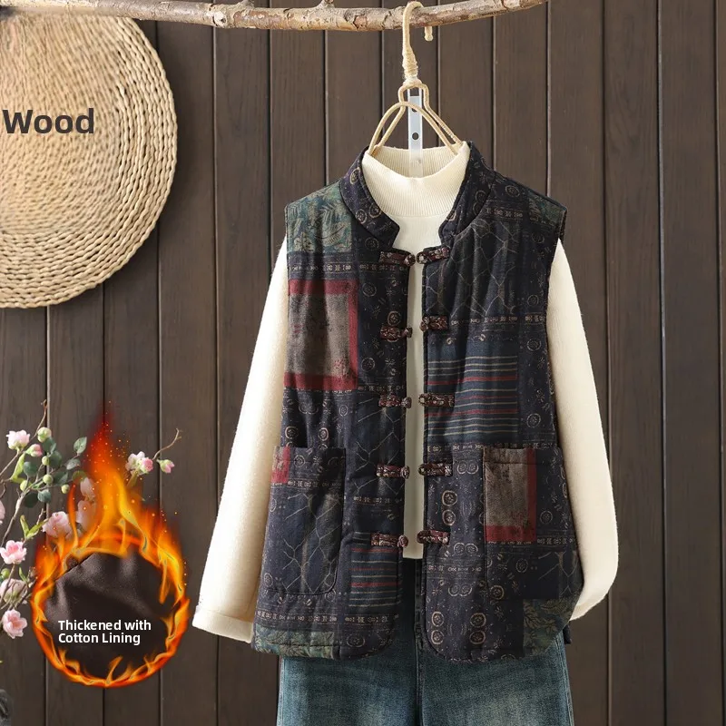 

Хлопково-льняной жилет Thiened, осенне-зимняя верхняя одежда, традиционный китайский дизайн на пуговицах с принтом, теплый художественный слей, моющийся W...
