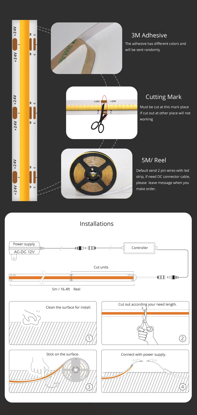 COB Led Strip Tape Light 12V 320 leds/m Width 8mm with Adapter Cabinet Door Touch Dimmer Hand Sweep PIR Motion Sensor Switch