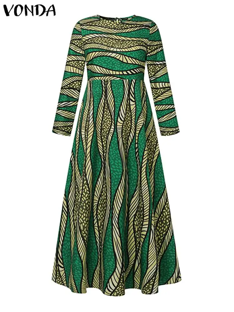 Plus Size 5xl Vonda Maxi kleid übergroße Frauen Bohemian Langarm Vintage bedruckte Sommerkleid Herbst lässig lose Vestidos