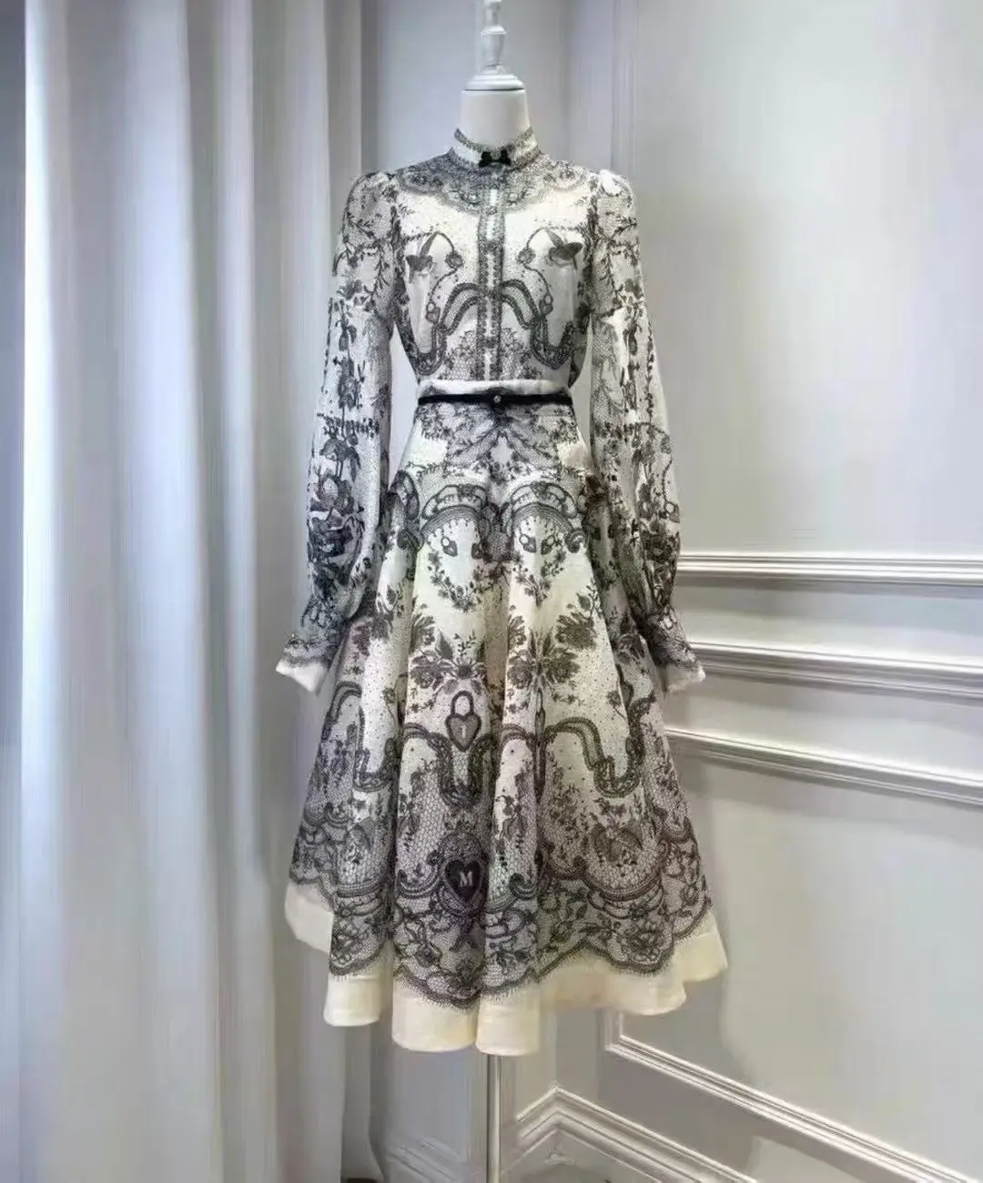 

High-End 2025 Retro Print Lantern Sve Lace irt with High Waist Maxi Skirt Set Korean Sle Performance Dr