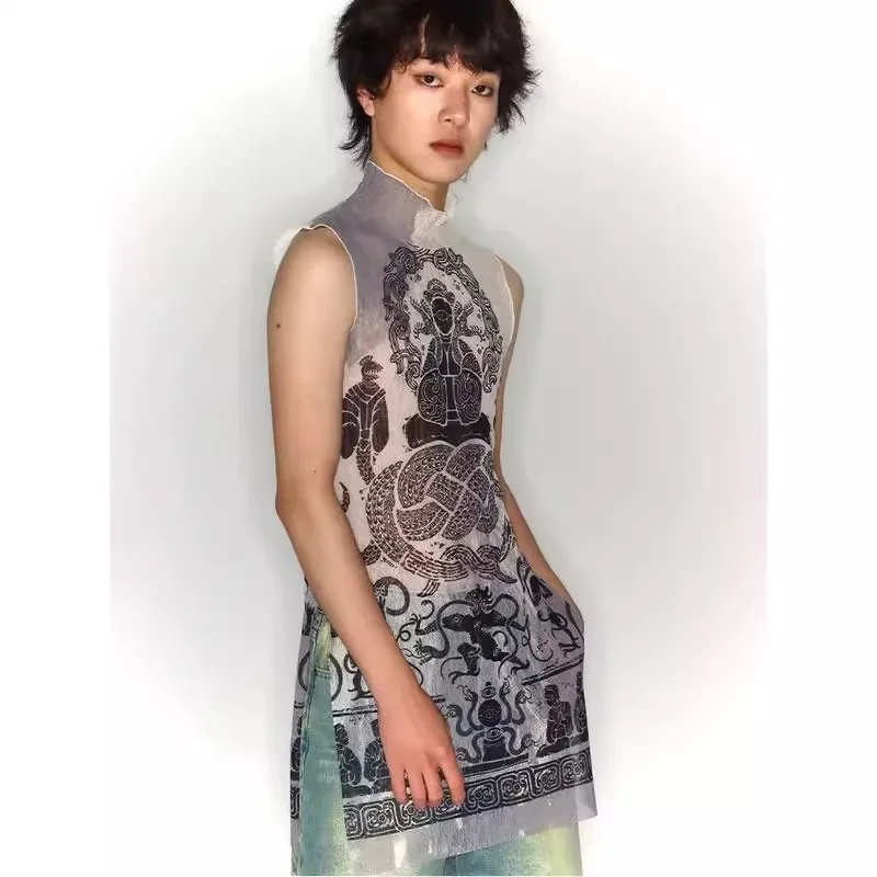 

Printed Mesh Printed Single-Layer Vest Women'S Summer New Design Sense Retro Loose Slim Fit Vest Skirt