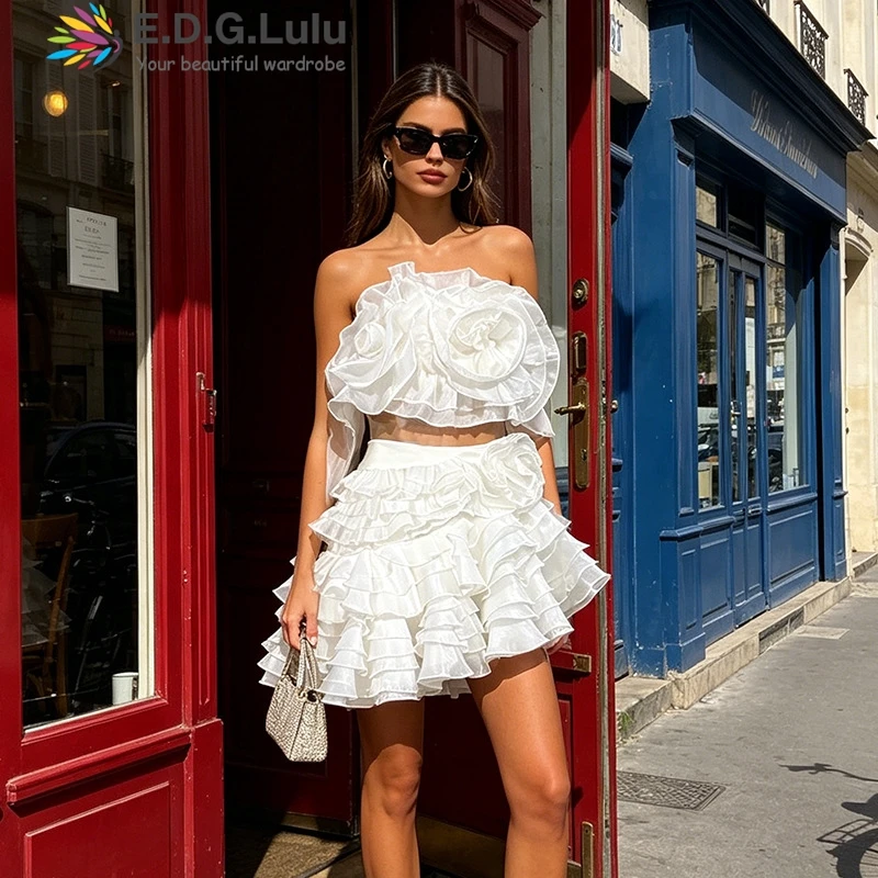 

EDGLuLu Women' S Clothes 2 Piece Sets Design 3d Flower Splicing Strapless Top+ Layered Ruffled Mini Skirt White Suit 0607