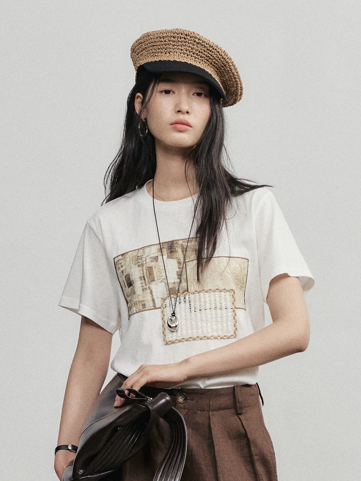 CLIPETTE Summer Design Loose Shoulder round Neck Patchwork Short Sleeve T-Shirt Women's Commute Style Artistic Cotton Printed