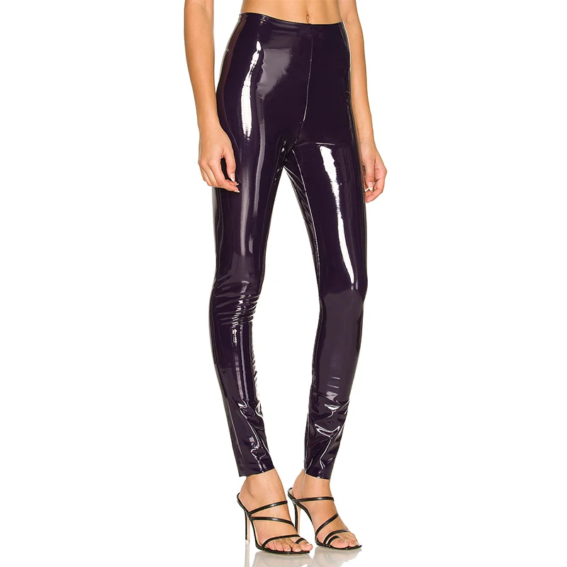 Couro do falso roxo mulher brilhante pvc calças 4xl sexy magro leggings látex elástico cintura alta plutônio bodycon calças novas calças de verão