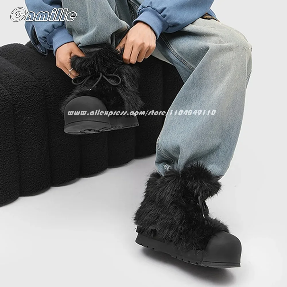 Fur Mixed Color SHort Plush Front Lace Up Snow Mid-Top Sneakers Winter NEW Size 36-44 Lady Snow Boots Round Toe Casual Boots
