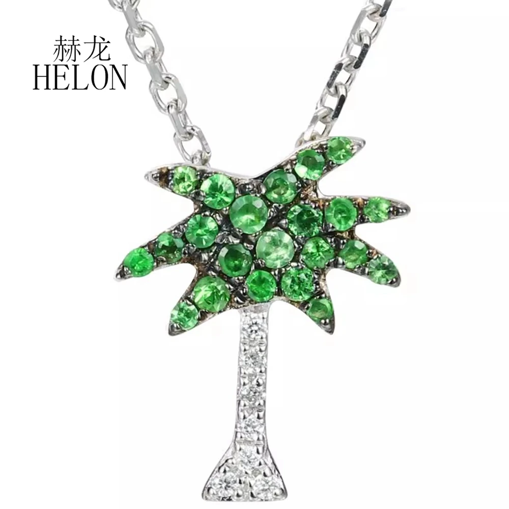 HELON Real 14k White Gold Coconut Tree Shape Genuine Tsavorite Diamonds Necklace Pendant Clavicle Chain Exquisite Trendy Jewelry