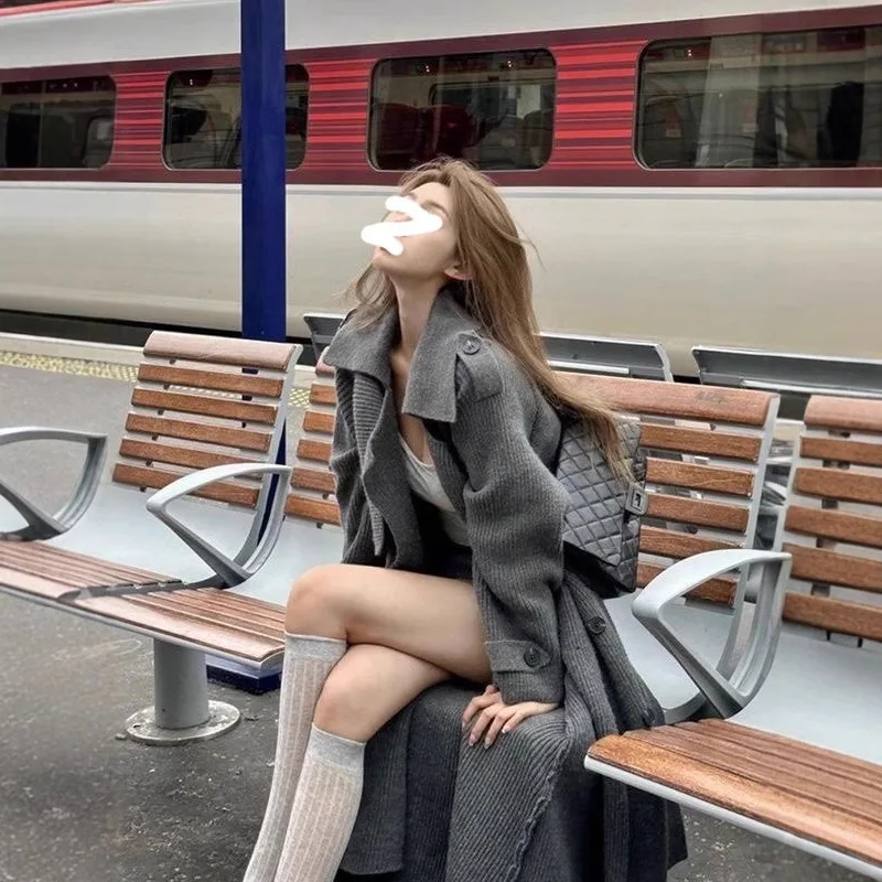 

Advanced Gray Sweater Jacket for Women Autumn and Winter Retro Japanese Lazy Style Medium Long Knit Sweater Female Clothing