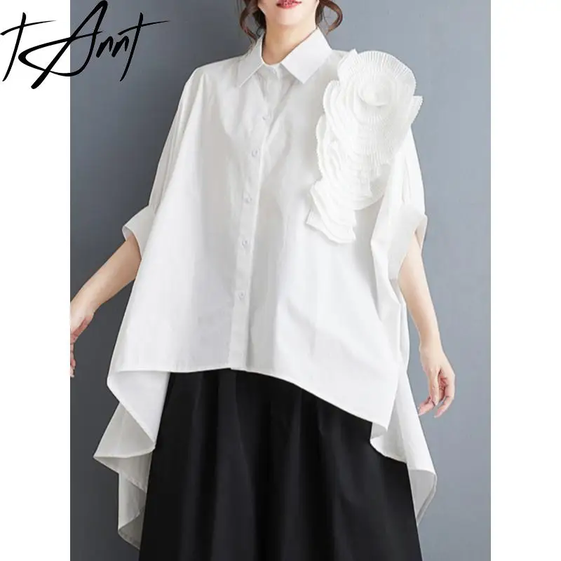 GetSpring Women Shirt 2024 Autumn Large Flower Stitched Lanter Sleeve Black White Blouse Fashion Loose Casual Long Female Tops