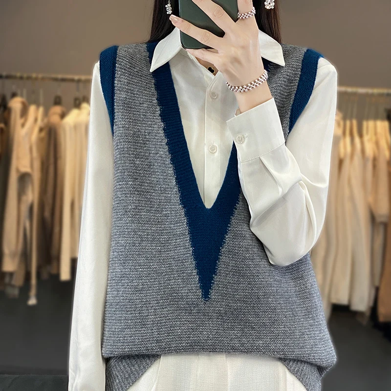 Autumn And Winter 100% Merino Wool Matching Color V-Neck Women\'s Casual Pullover Sleeveless Vest Sweater Loose New Style