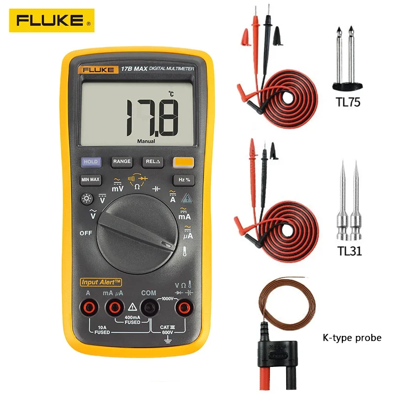 Fluke 15B MAX 17B MAX Automatic Digital Range Multimeter DMM AC/DC Voltage Current Resistance Capacitance Tester