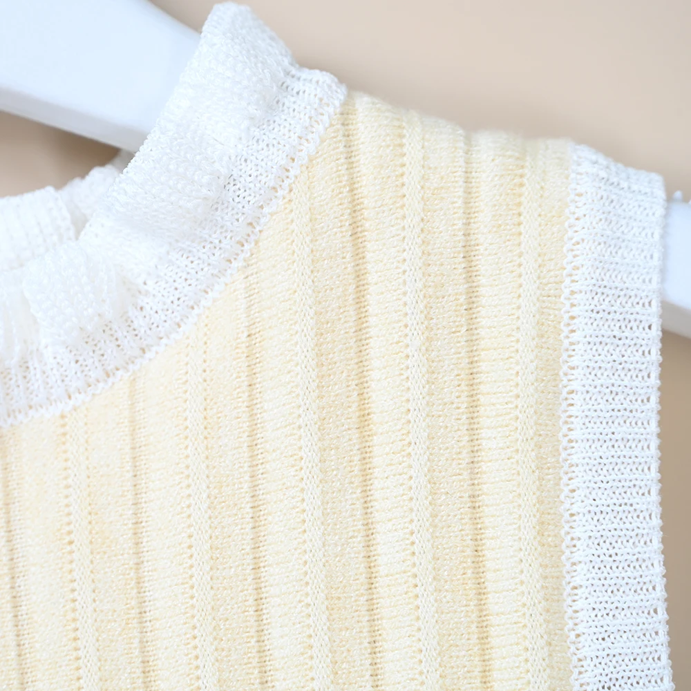 Summer New Style Lace Trim Knitted Vest Sleeveless Ribbed Short Skirt Hem Top Women's Simple Style Striped Pattern Knittedwear