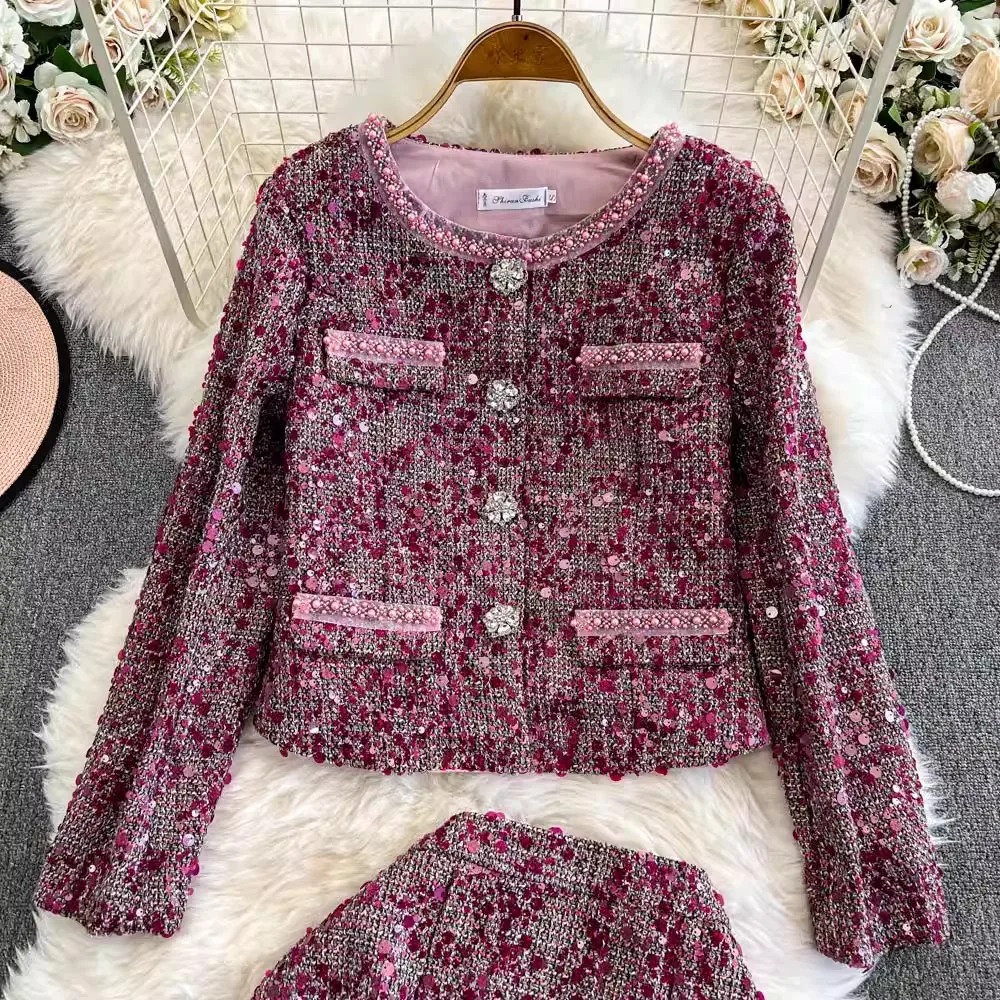 High Quality Winter Tweed Jacket 2 Piece Set Women Diamonds Buttons Pearls Beaded Sequin Weave Coat + A Line Party Skirt Suits