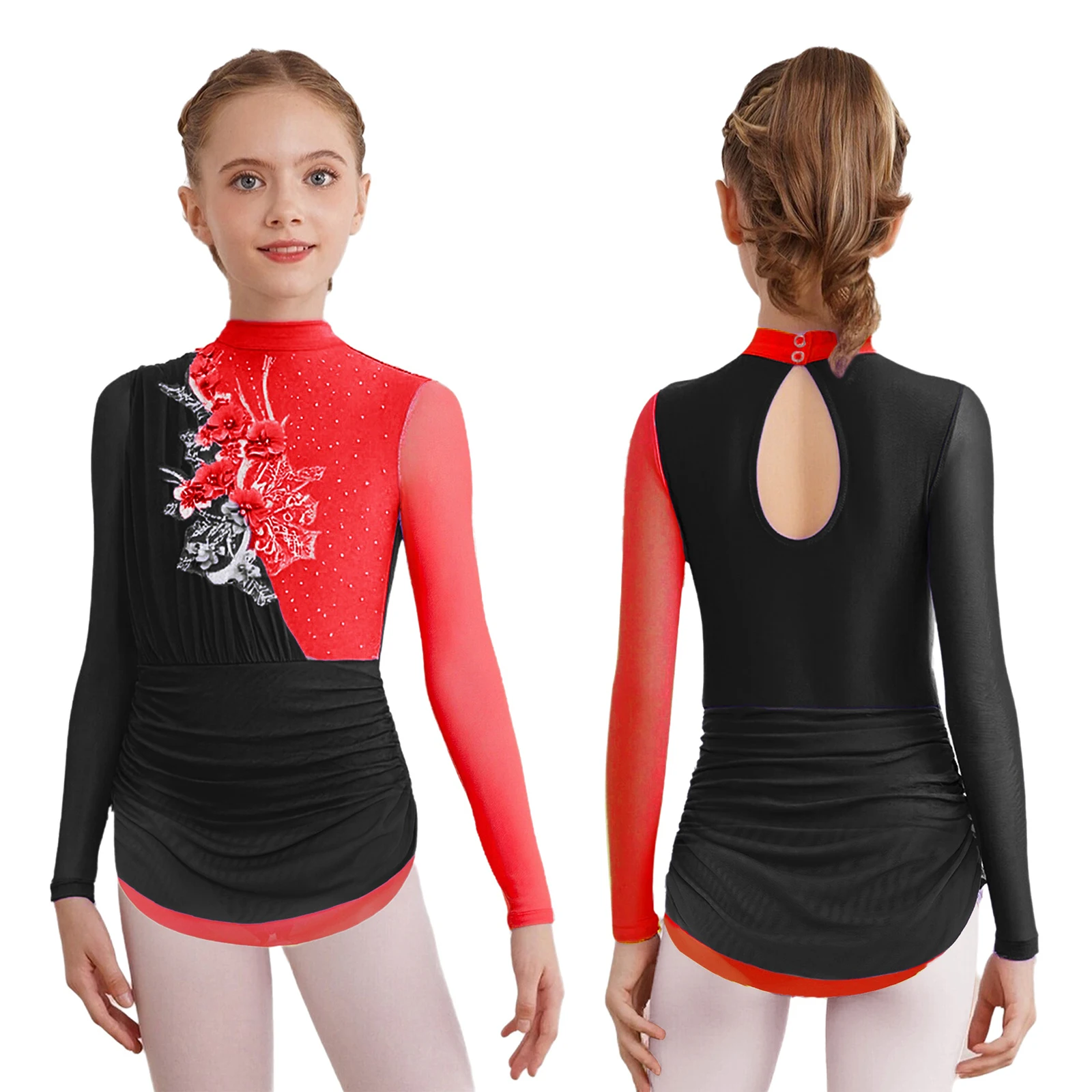 الفتيات فستان رقص غنائي التزلج الرقص الإيقاعي الجمباز حفلة موسيقية زي بقماش شفاف لامعة الراين توتو فستان Dancewear #2