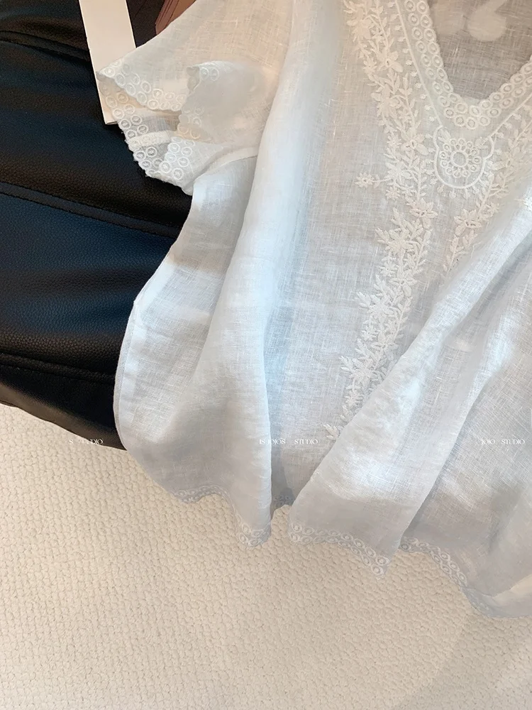 Ele v-ne brodé coton lin irt femmes ort Sve haut amincissant été nouveau Sle polyvalent coréen Sle trajet