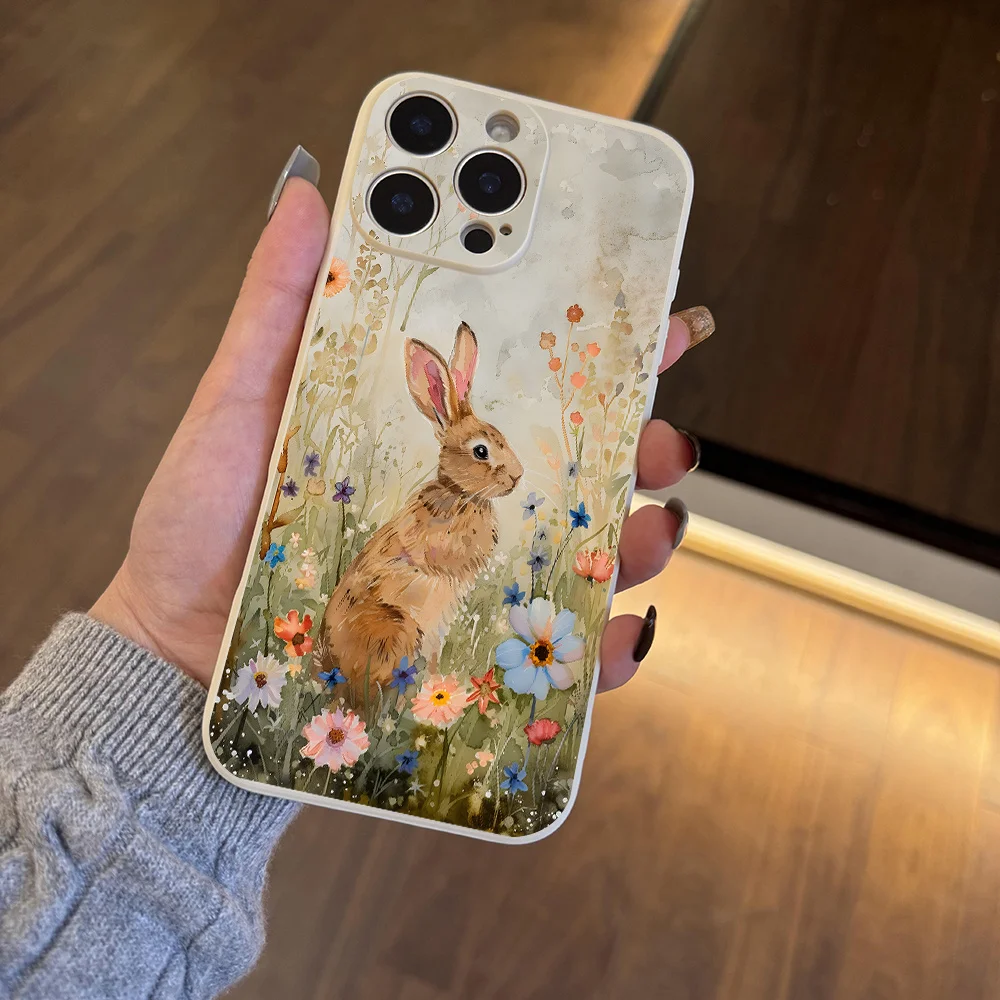 Custodia per telefono estetica con arte dell'acquerello del coniglio per iPhone 17 16 11 15 14 13 12 Pro Max Plus