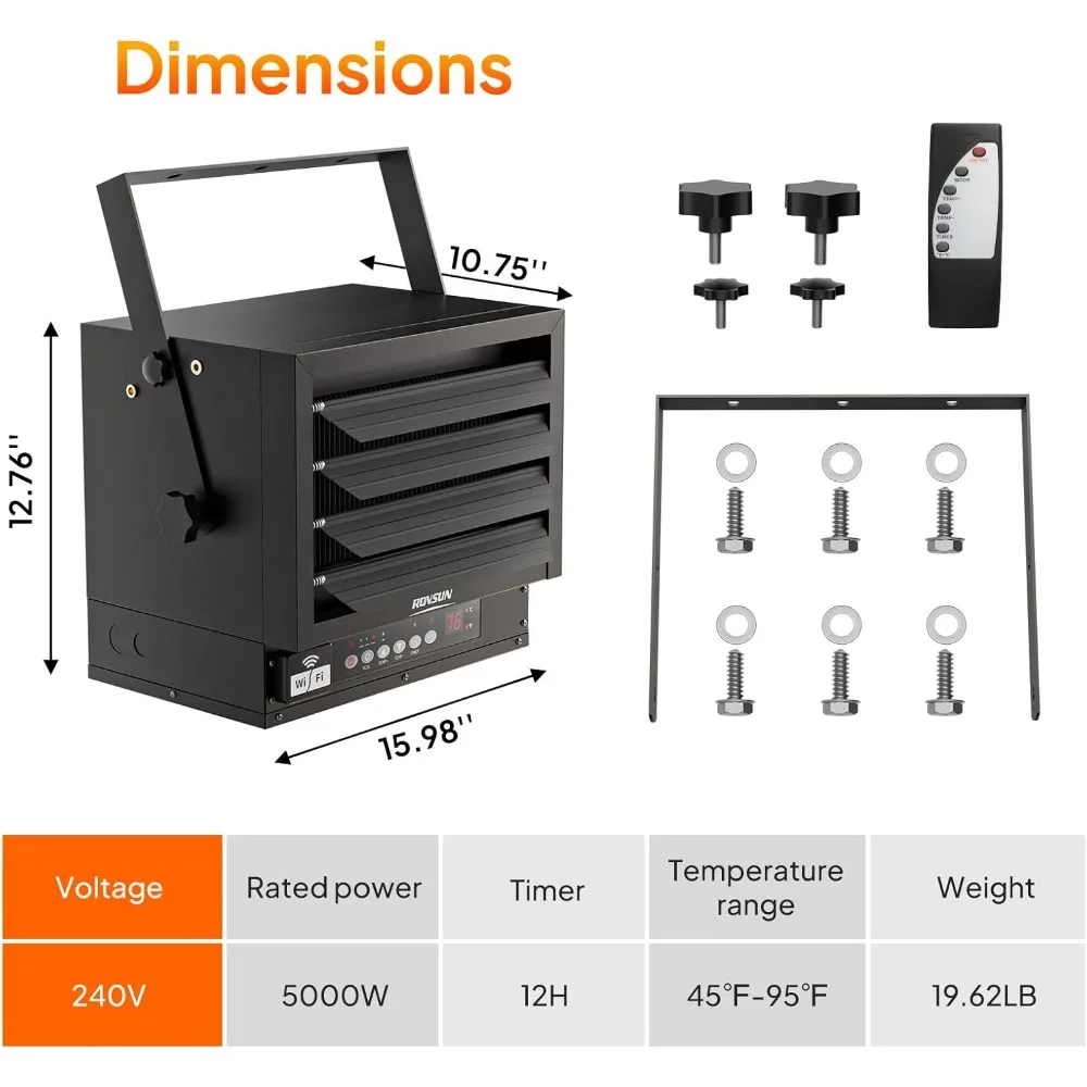 سخان رقمي بقوة 5000 وات مع جهاز تحكم عن بعد ومؤقت 12 ساعة وترموستات لتدفئة المرآب الكهربائي
