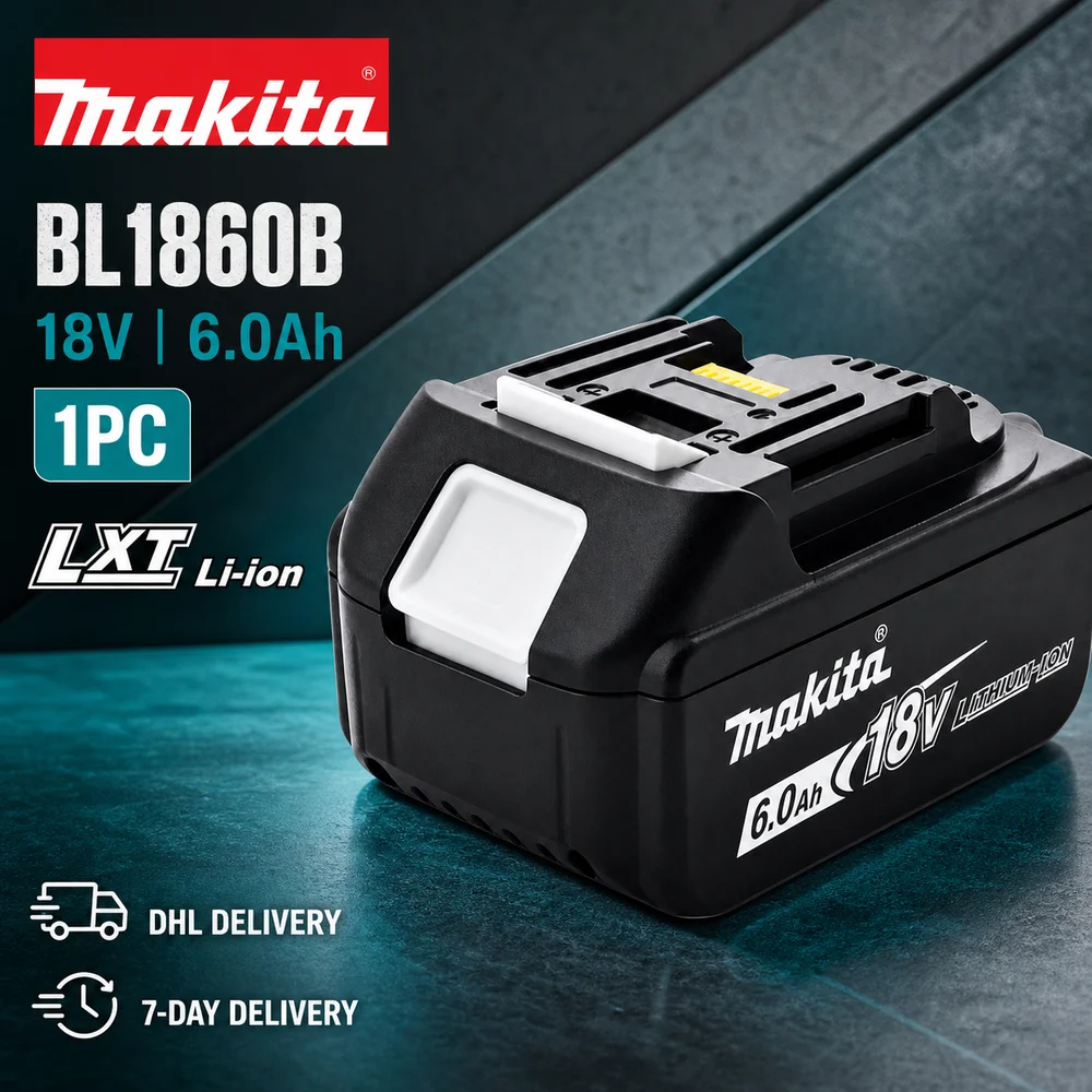 Image of Original Makita BL1860B 18V 6.0Ah Li-Ionen-Akku für 18V LXT, Slide-On-Schnittstelle, BL1860 BL1850B BL1830B Codes, BDF453SHE BDF454Z BHP452 BML184 BML185 BST221Z BTDW251Z, Optionen für leere Akkus,