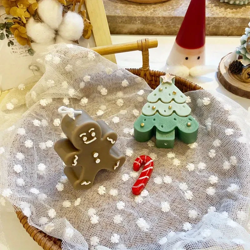 3Pcs Silikon Kerze Mold Set Weihnachten Baum Lebkuchen Mann Schneemann DIY Zeichnung Animation Yeso Ton Harz Dekoration Form