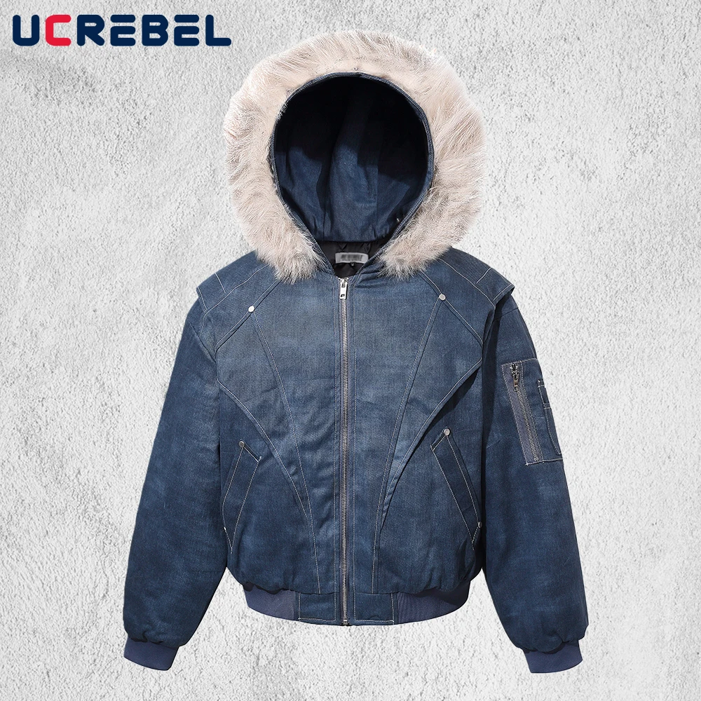 

Washed Distressed Cargo Quilted Jacket Mens Pocket Winter Thick High Street Long Sleeve Hooded Padded Jacket Man