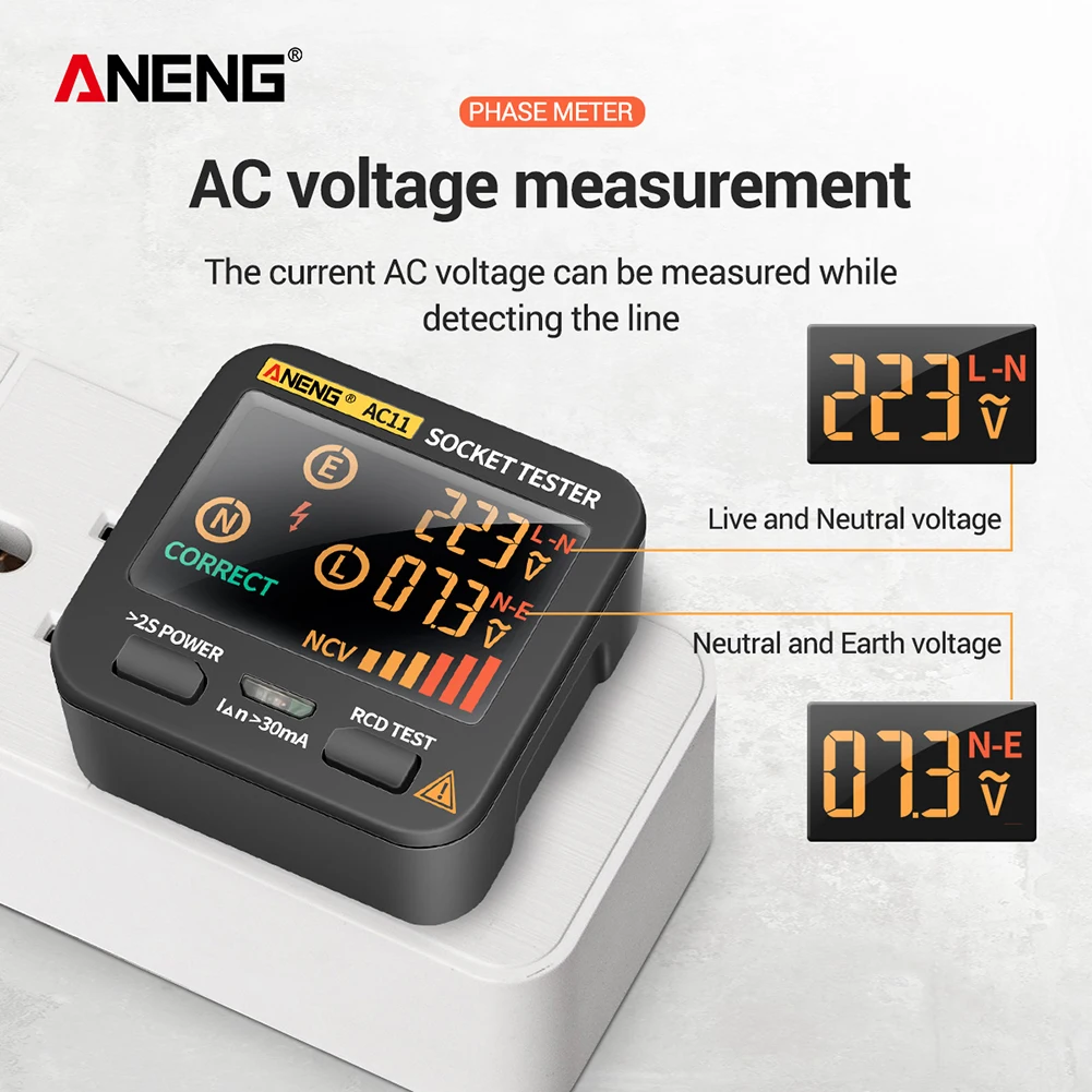 

ANENG AC11 Digital Smart Socket Tester Circuit Polarity Phase Check Voltage Plug Outlet Switch Detector US/UK/EU/AU Plug