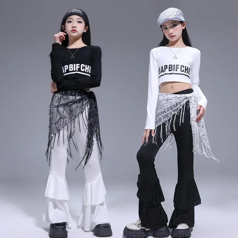 

Kpop Costume Black Jazz Dance Wear Crop Tops Flared Trousers White Children Stage Performance Outfit Girls Fashion Clothes