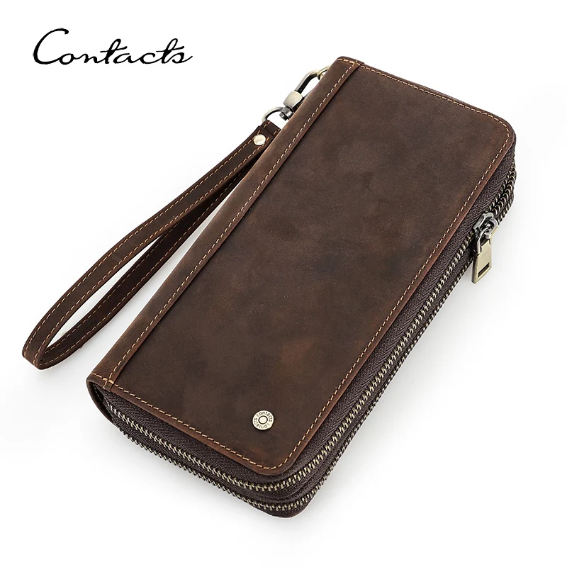 CONTACT\'S Genuine Leather ClutchBags For Men Long Vintage Zipper Handbags Coin Purses Card Holders Money Clip Men\'s Wallets