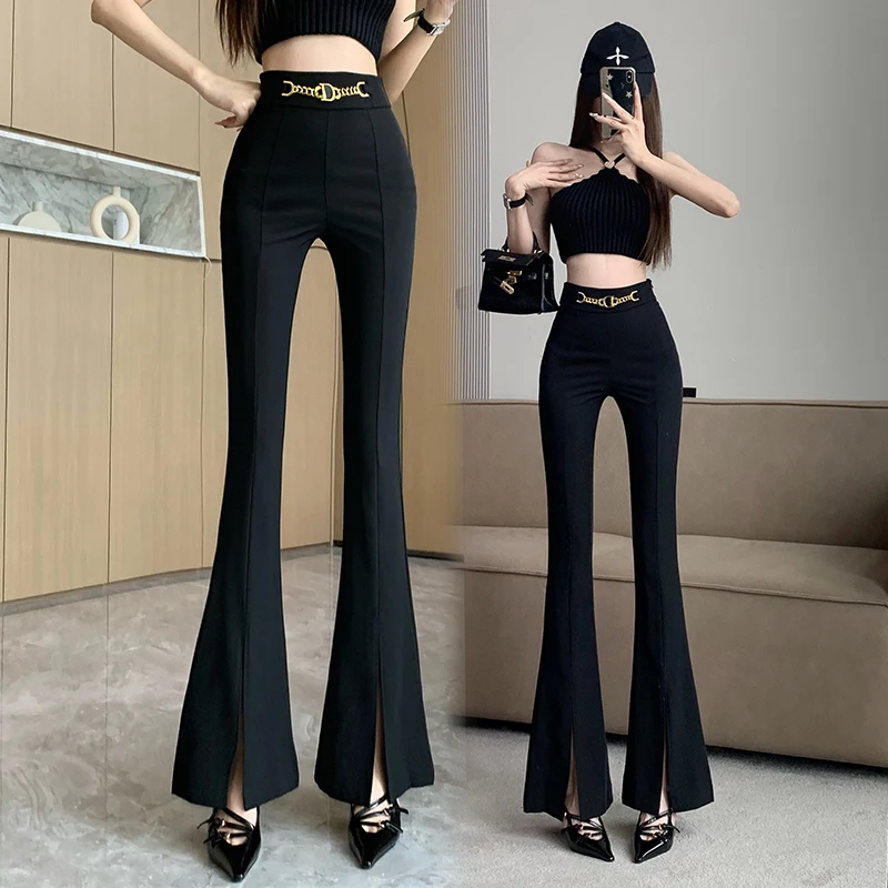 

Black Flare Suit Pants Women Spring Summer New Versatile High Waist Office Lady Slim Split Casual Floor Mop Pants Work Trousers