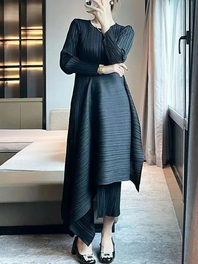 

Fashion Casual Versatile Design Sense Splicing Pleated Skirt A-line Dress Elegant Party Evening Miyake Round Neck 2025 Summer