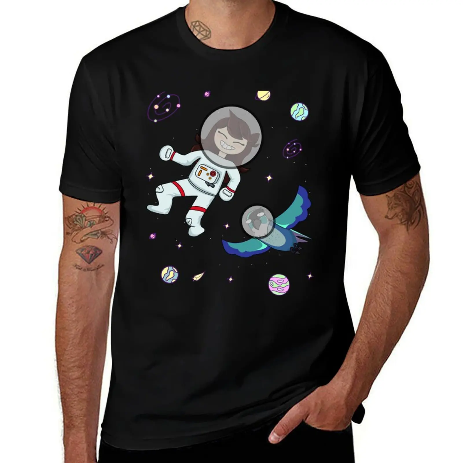 

Jaiden animations astronaut surrounded by bird, stars and planets, having fun at dark space animatio T-Shirt