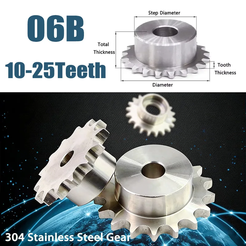 

1pc 304 Stainless Steel Gear 10T-25T 06B Sprocket Wheel for Roller Chain 10 11 12 13 14 15 16 17 18 19 20 21 22 23 24 25 Tooth