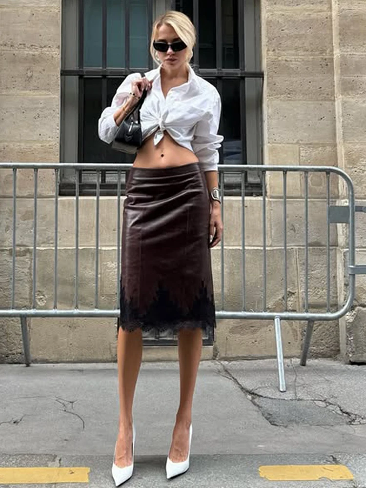 กระโปรงหนัง PU ลายปะติดปะต่อ แต่งลูกไม้ สีน้ำตาล เอวสูง กระโปรงสั้น ผู้หญิง ฤดูใบไม้ร่วง ฤดูหนาว ใหม่ สวยสง่า สำหรับงานปาร์ตี้ สตรีทแวร์ 2025