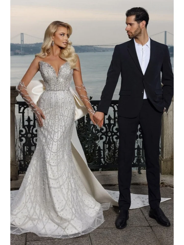 Custom Luxury Mermaid Wedding Dress 2025 Elegant Beaded Bridal Gown with Oversized Satin Bow Plus Size Vestido De Novia