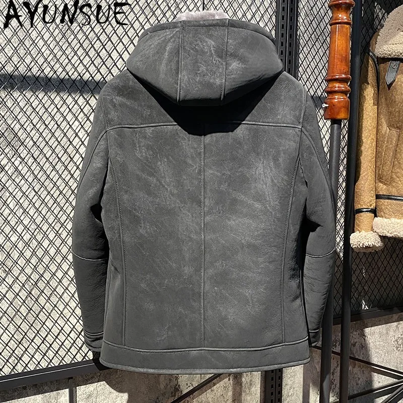 AYUNSUE Natural Sheep Shearling Fur Coat Mens Luxury Winter Sheepskin Men's Leather and Fur Coats Warm New Куртка Мужская Grey