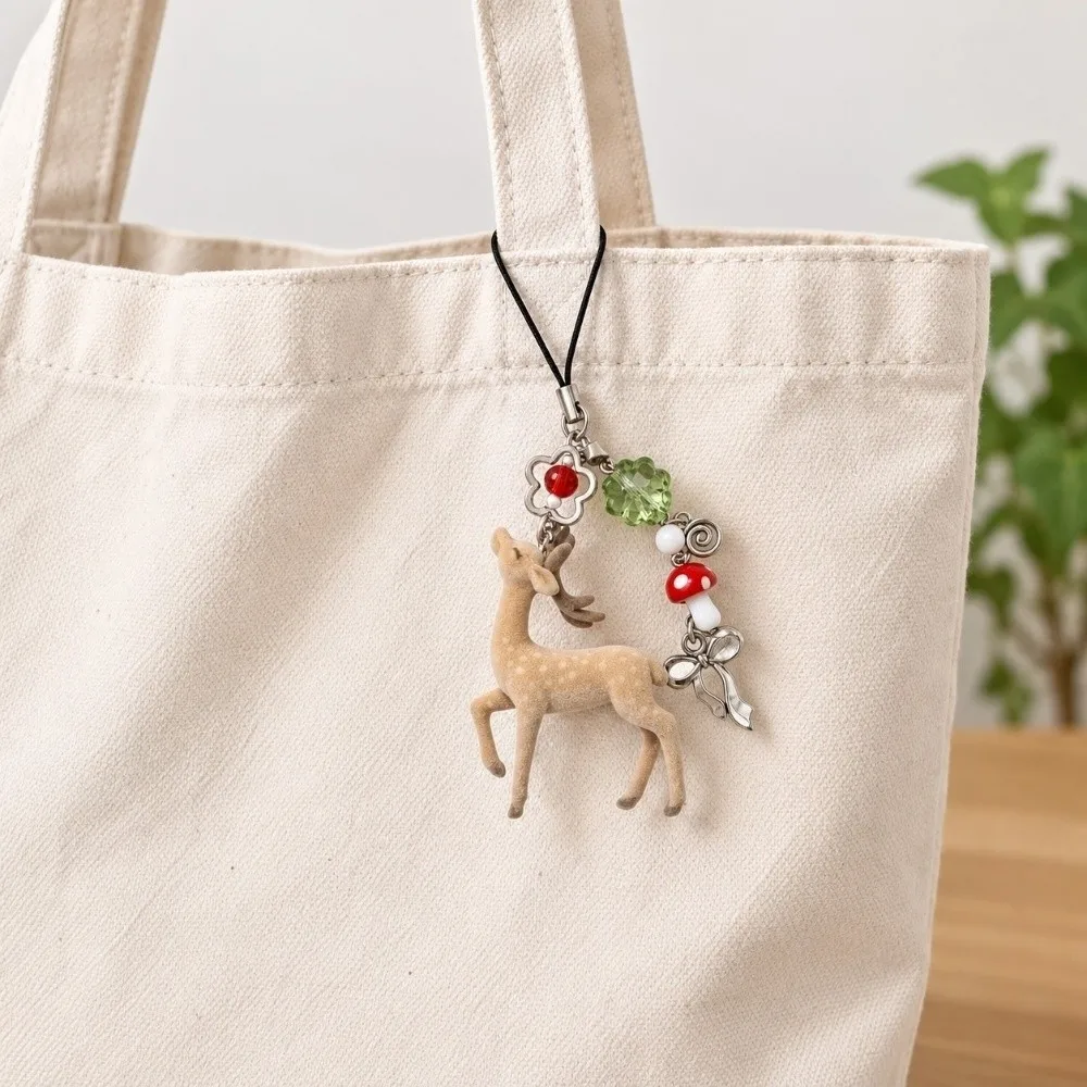 Flower Bag Hanging Flocked Deer Key Chain Floral Handmade Animal Bag Charm Lightweight Miniature Flocked Pendant Students