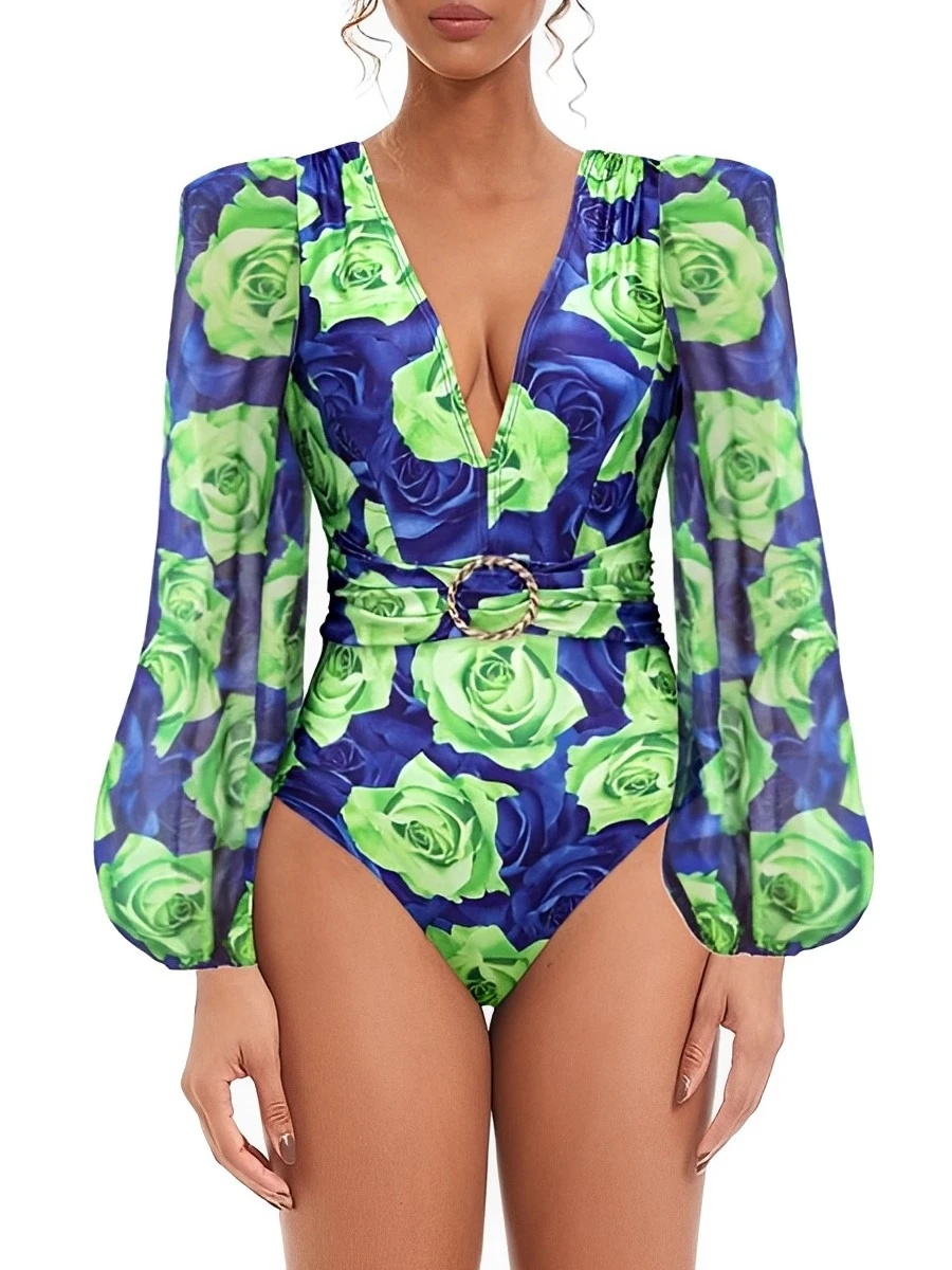 

2025 Rose Print V Neck Long Sleeve Swimsuit Women One Piece Sexy Swimwear Female Beachwear Bathers Bathing Swimming Swim Suit