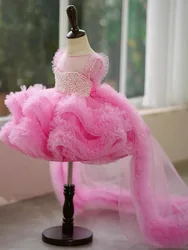 Prinses Bloem Meisje Jurk Elegante Baby Roze Parels Tule Gezwollen Baby Kinderen Bruiloft Verjaardag Baljurken Piano Performance Jurk